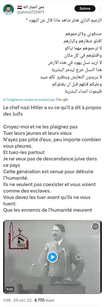 Nour Atallah, une Palestinienne récemment arrivée en France pour étudier à Sciences Po Lille grâce à une bourse, a relayé sur Twitter un message d'un compte djihadiste qui fait l'apologie d'Hitler via de faux sous-titres appelant à l'extermination des Juifs.(Maj Haine de