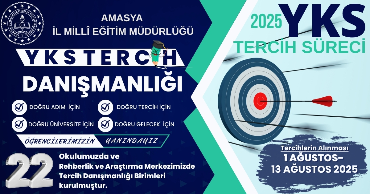 Amasya İl Millî Eğitim Müdürlüğü (@amasyamem05) on Twitter photo İlimizde 22 okulumuz ile Rehberlik ve Araştırma Merkezimizde kurulan “Tercih Danışmanlığı Birimlerinde” YKS’ye giren öğrencilerimize; yetenekleri, kişilik özellikleri, ilgileri, akademik yeterlilikleri, mesleki hedefleri doğrultusunda danışmanlık hizmeti verilecektir.
<a href="/tcmeb/">Millî Eğitim Bakanlığı</a> İlimizde 22 okulumuz ile Rehberlik ve Araştırma Merkezimizde kurulan “Tercih Danışmanlığı Birimlerinde” YKS’ye giren öğrencilerimize; yetenekleri, kişilik özellikleri, ilgileri, akademik yeterlilikleri, mesleki hedefleri doğrultusunda danışmanlık hizmeti verilecektir.
<a href="/tcmeb/">Millî Eğitim Bakanlığı</a>