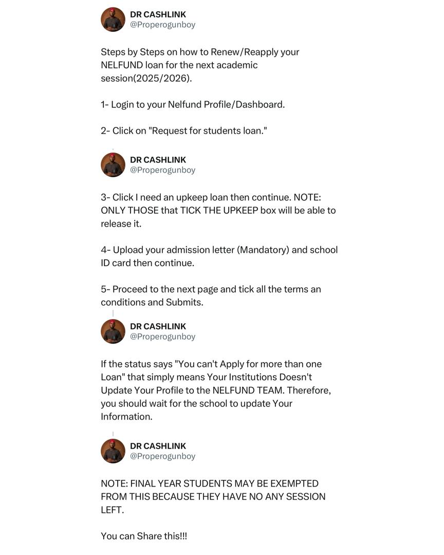 ooucas's tweet photo. Steps by Steps on how to Renew/Reapply your NELFUND loan for the next academic session(2025/2026).

Kindly share!!! https://t.co/8tJq4VUpzA