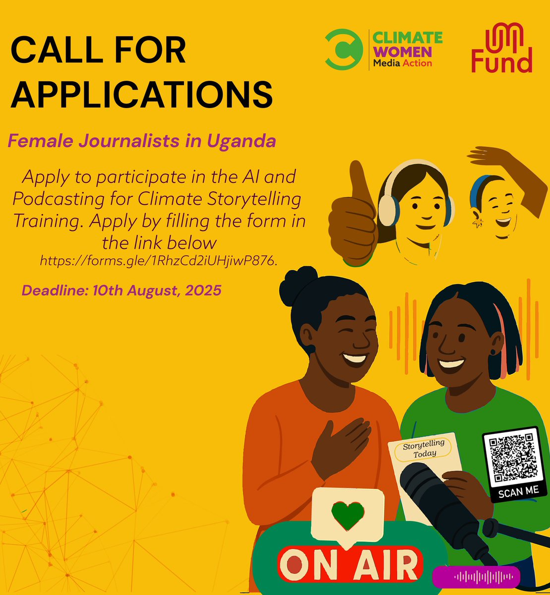 Climate Women Media Action (@climateactionug) on Twitter photo ✨Training opportunity✨
<a href="/ClimateActionug/">Climate Women Media Action</a> invites Female journalists based in Kampala to apply for its Artificial Intelligence and Podcasting for Climate Storytelling training.
🚨Deadline: Aug. 10
🔗Link: climatewomen.org/call-for-appli… ✨Training opportunity✨
<a href="/ClimateActionug/">Climate Women Media Action</a> invites Female journalists based in Kampala to apply for its Artificial Intelligence and Podcasting for Climate Storytelling training.
🚨Deadline: Aug. 10
🔗Link: climatewomen.org/call-for-appli…