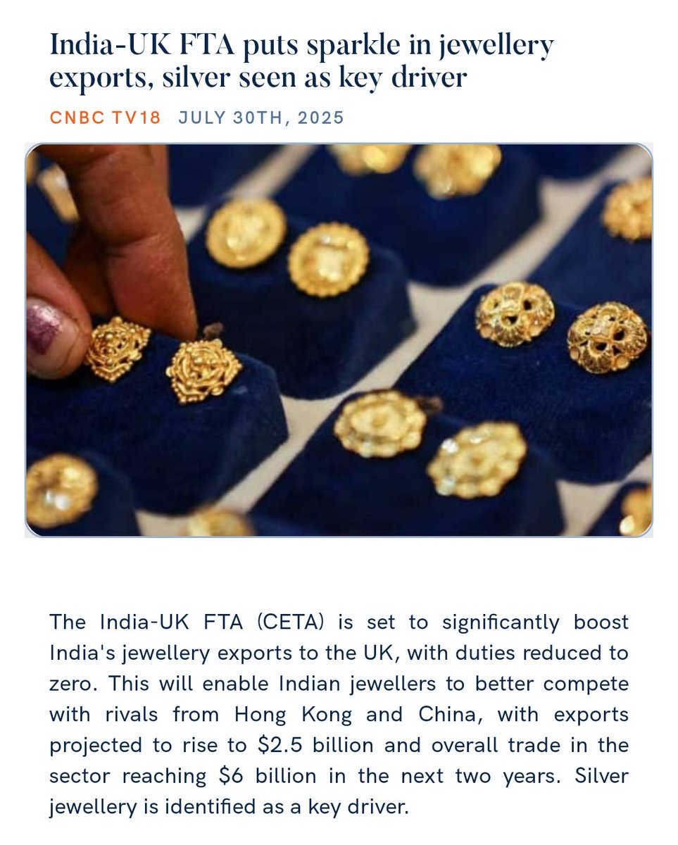 India-UK FTA puts sparkle in jewellery exports, silver seen as key driver
cnbctv18.com/economy/india-… 

via NaMo App