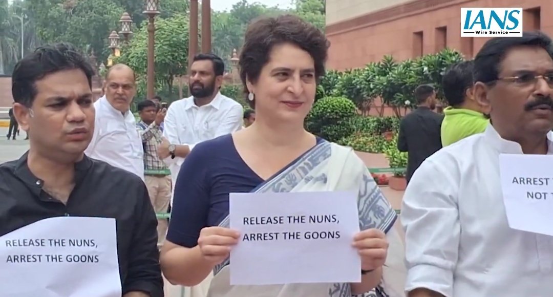 YESTERDAY : She refused to mention that the Pahalgam victims were Hindus.

TODAY : She protested outside Parliament against the arrest of nuns from Kerala in Chhattisgarh.

CG Govt said nuns were arrested for alleged human trafficking and forced religious conversions.  

But