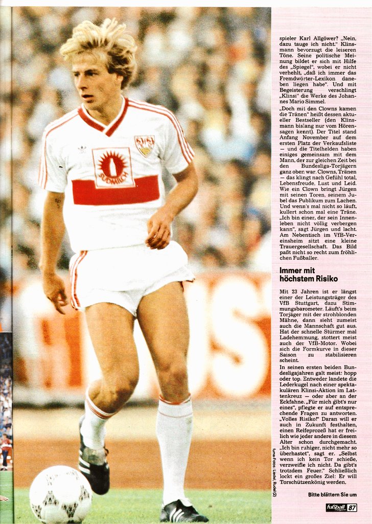 kicker_fuma's tweet image. &quot;Jürgen Klinsmann - Mit den Clowns kamen die Tränen&quot;

(Aus: Fuma Dezember 1987)

#klinsmann #vfb #svk #fcbayern #thfc #tottenham #monaco #italia90 #dfb #botd #happybirthday