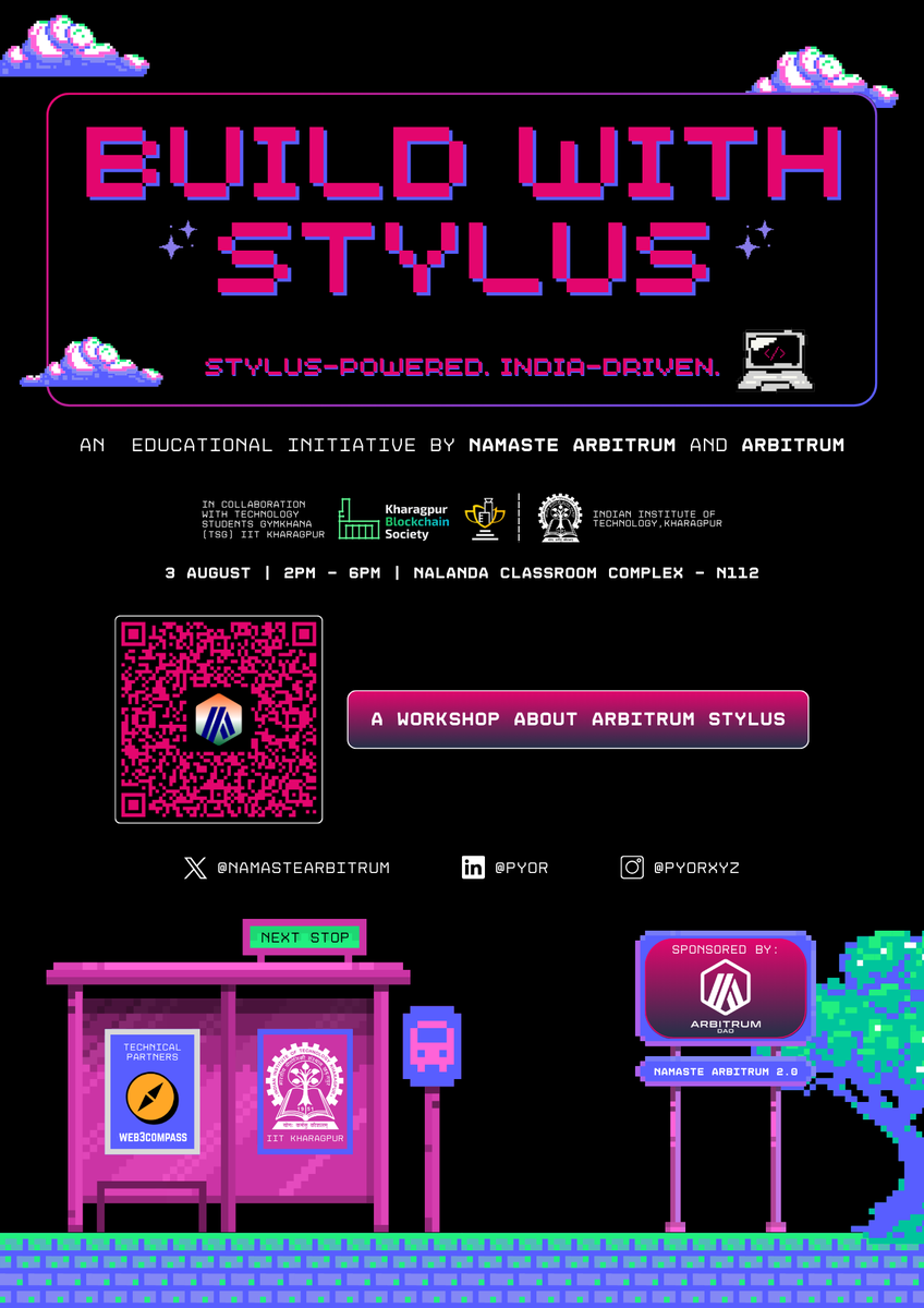 NamasteArbitrum's tweet photo. Namaste Arbitrum 2.0 hits the road!

We’re kicking off our first university roadshow at IIT Kharagpur.

Join us for a 4-hour hands-on workshop where you'll learn how to build and deploy dApps on @arbitrum using Stylus.

You’ll learn everything you need to get started:
🔹 Understanding how Ethereum & Arbitrum work
🔹 Setting up your dev environment
🔹 Deploying mini dApps

This is the perfect prep for the upcoming Build With Stylus Hackathon with $3000 in prizes. 

This session is led by @audaciousSneha from @the_web3compass, a platform by builders, for builders. 

It is organised by Kharagpur Blockchain Society & Technology Students’ Gymkhana (TSG). 

📅 Date: 3rd August (Sunday)
🕑 Time: 2 PM – 6 PM
📍 Venue: N112 - Nalanda Classroom Complex, IIT Kharagpur

We’ve also got some cool Arbitrum merch waiting for you!

No Web3 experience needed.
Just bring your laptop and get started.  

Let’s build together💪

👉 Register now: https://t.co/zVDIdRLjAn
