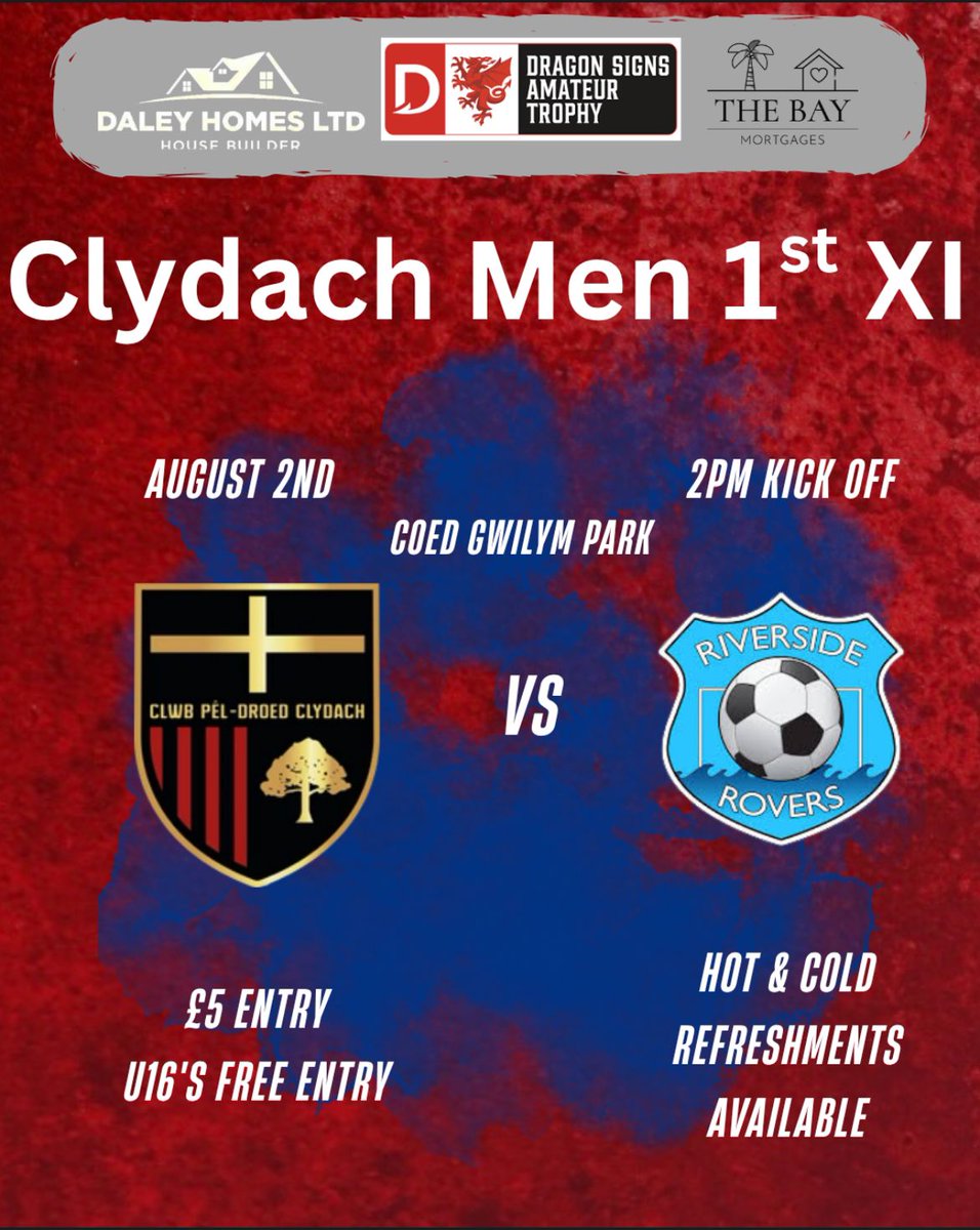 Clydach Football Club (@clydachfc) on Twitter photo More cup action following our win last week in the Welsh Cup as we welcome <a href="/RRoversUTR/">RiversideRovers⚽️💙</a> to Coed Gwilym Park this Saturday in the Dragon Signs Amateur Trophy.
Kick off is 2pm and there will be hot and cold refreshments available.
Entry is £5 (U16s free and Concessions £3) More cup action following our win last week in the Welsh Cup as we welcome <a href="/RRoversUTR/">RiversideRovers⚽️💙</a> to Coed Gwilym Park this Saturday in the Dragon Signs Amateur Trophy.
Kick off is 2pm and there will be hot and cold refreshments available.
Entry is £5 (U16s free and Concessions £3)