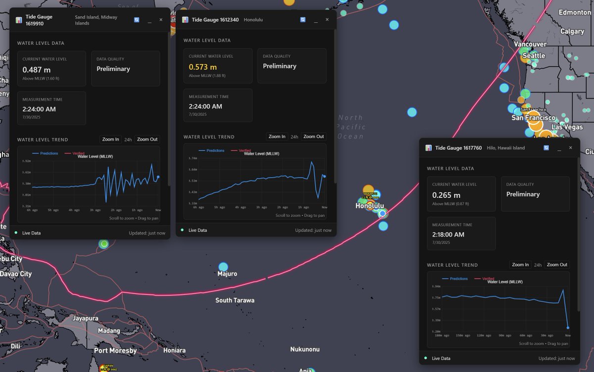 ryanhallyall's tweet photo. The tsunami event is still unfolding across Hawaii and the Pacific.

📍 Midway is still seeing persistent oscillations energy hasn’t let up.
📉 At Hilo, we just saw a sharp drop in water level a classic tsunami signal.
📈 Honolulu continues to show elevated and erratic readings.

So far, so good but this confirms: more waves are coming. The threat is active and ongoing.