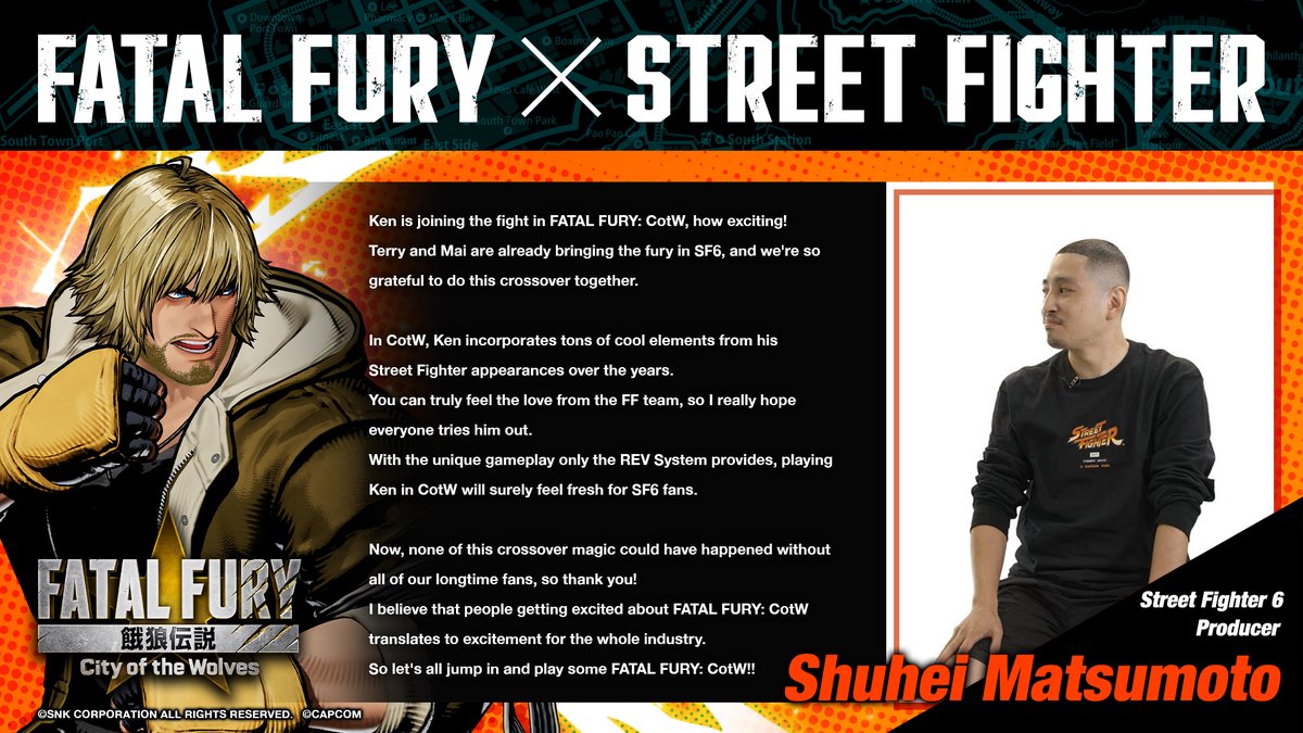 🎉FATAL FURY: CotW - Ken Release Celebration! 🎉
Street Fighter 6 Producer Shuhei Matsumoto has shared a celebratory message with us!

Check out his comments on Ken joining the heated battles of Fatal Fury! 🔥

Read on below 👀✨

#CotW_Ken