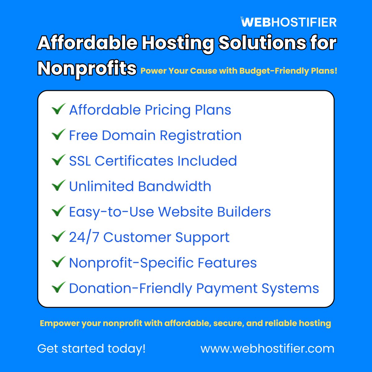 webhostifier's tweet image. Nonprofits, power your cause with affordable, secure, and reliable hosting from Webhostifier!

✔️ Free domain &amp;amp; SSL 
✔️ Unlimited bandwidth 
✔️ 24/7 customer support

Empower your website today: webhostifier.com

#NonprofitHosting #AffordableHosting #SecureHosting