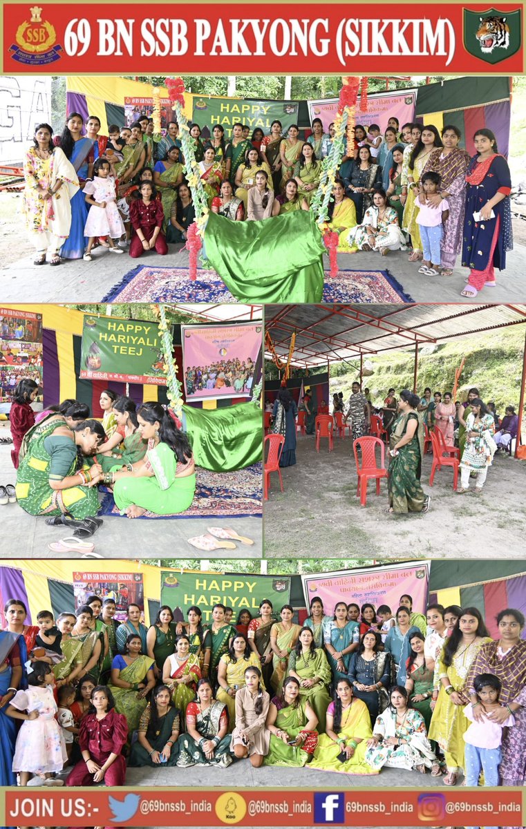 दिनांक: 28/07/2025 को 69वीं वाहिनी, SSB पाक्योंग (सिक्किम) के परिसर में संदीक्षा बैठक, 'हरियाली तीज' का आयोजन  किया गया । इस दौरान संदीक्षा सदस्यायें, परिसर में लगाया गया झूला झूलीं, मेहँदी प्रतियोगिता, संगीत कुर्सी प्रतियोगिता का आयोजन एवं अन्य प्रतियोगिताओं का आयोजन किया गया ।