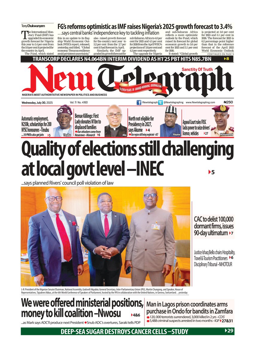 Wednesday frontpage news - July 30, 2025 | Visit newtelegraphng.com to read more...