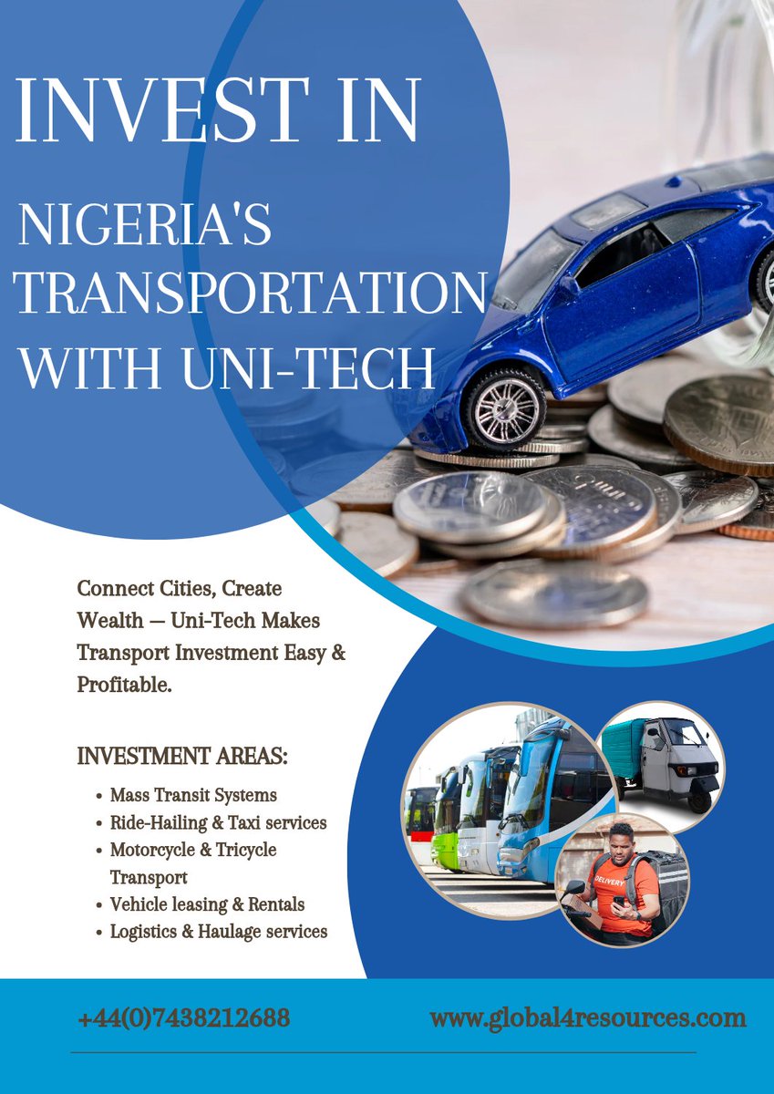 uni_techproject's tweet image. Investing in transportation is investing in Nigeria’s future. Better roads,efficient transit,and modern infrastructure drive economic growth and connect communities.
Contact us
+44(0)7438212688 enquires@global4resources.com
global4resources.com #SmartTransport #InvestInNigeria