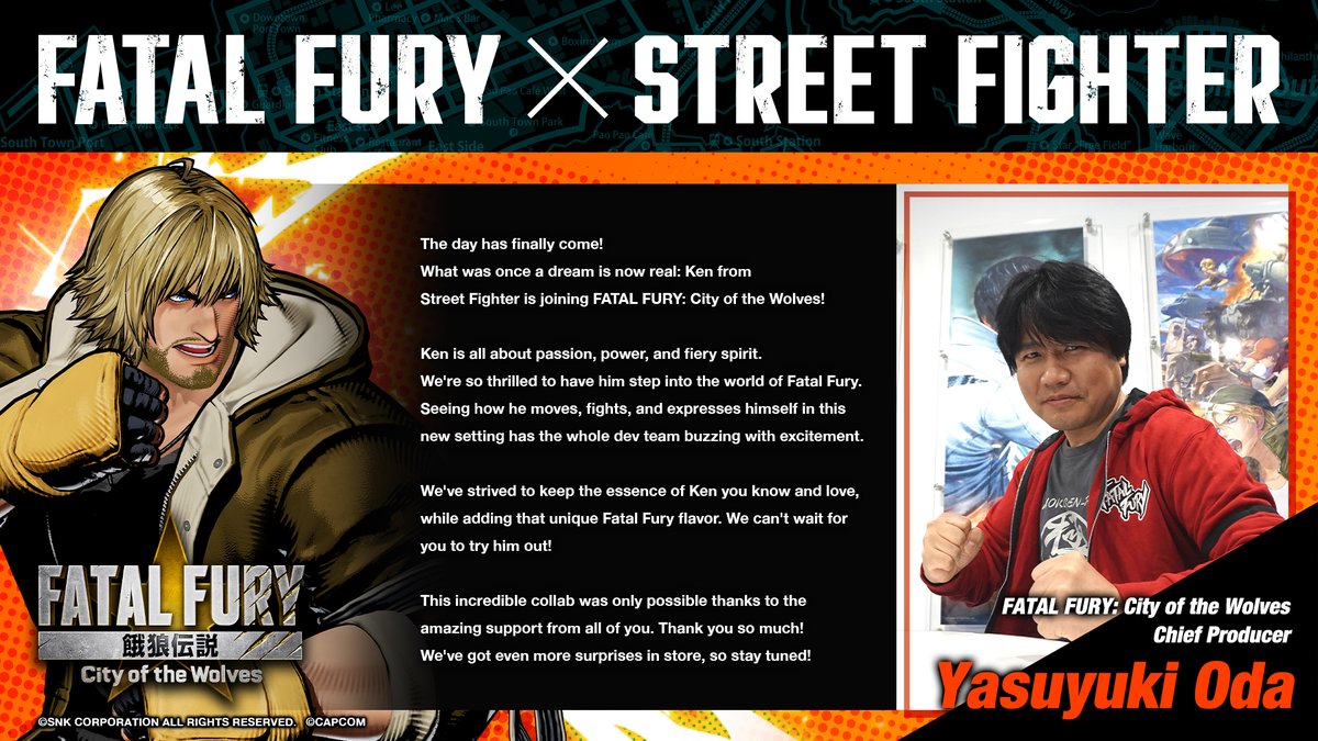 🎉FATAL FURY: CotW - Ken Release Celebration! 🎉
To mark the occasion, Chief Producer Yasuyuki Oda has a few words for everyone!

Check out his thoughts on the dream collaboration of Fatal Fury and Street Fighter coming to life! 🔥

Read on below 👀✨

#CotW_Ken