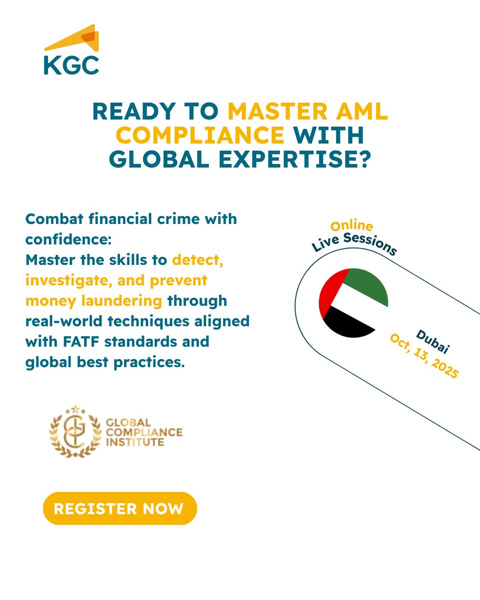 KGCworldwide's tweet image. 🛡️ Master the skills to detect &amp;amp; prevent financial crime.

Join GCI’s Anti-Money Laundering 

Specialist program:
Online
Globally Recognized
Practical Tools
 
📅 Starts Oct 13 | 3-Day Live Sessions
🔗 Register now: kgc.com/en/about/our-p…

#FinancialCrime #KnowledgeGroup