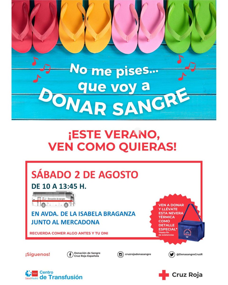 ¡No me pises... que voy a donar sangre! 
📅 Sábado 2 de agosto
🕙 De 10:00 a 13:45 h
📍 Avda. Isabela Braganza (junto a Mercadona, El Viso)
👉Ven con tu DNI, habiendo comido algo.
✨Llévate una nevera térmica. Hasta fin de existencias.
#Villalbilla