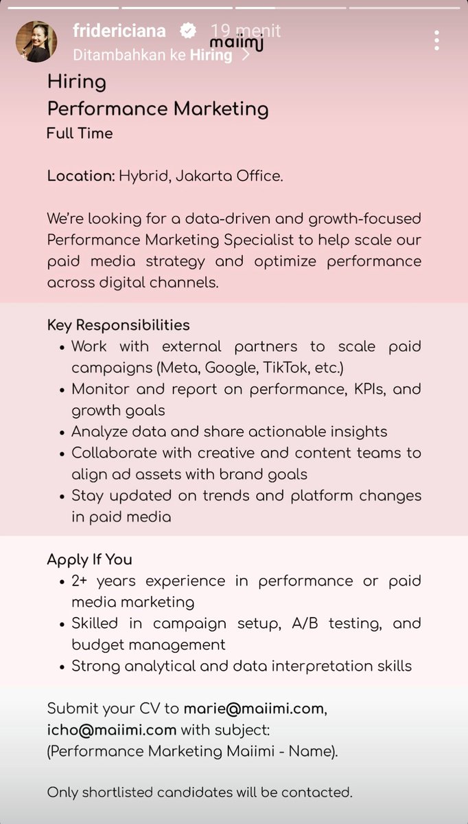 INFO LOKER!!!

Aku izin bantu share loker, siapa tahu teman-teman ada yang tertarik sabi banget yaa!

Mohon dibaca kriteria dan jobdescnya yg tertera pada poster yaa!

Semoga beruntung, panjang-panjang perjuangan!
