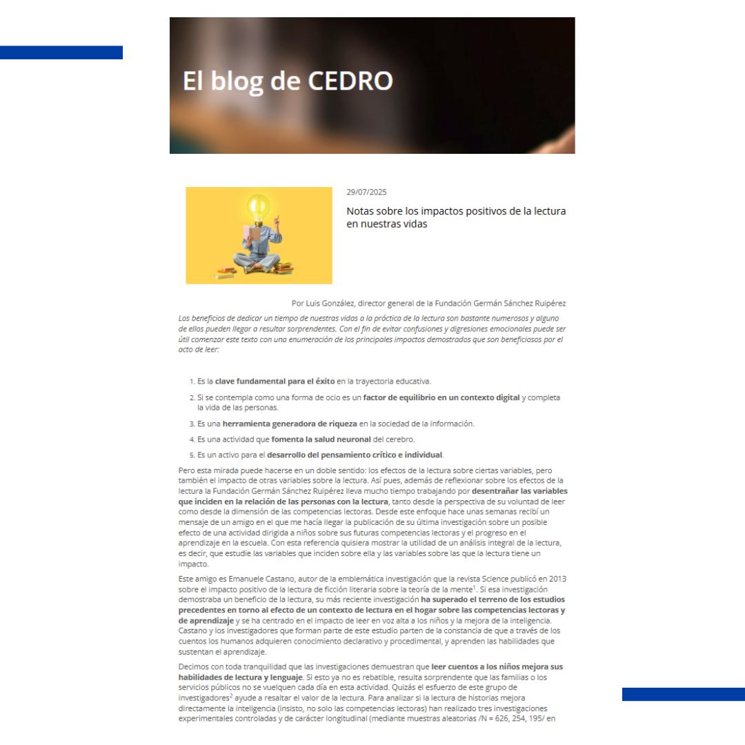 CEDRO (@cedroenlinea) on Twitter photo 📚✨ ¿Sabías que leer puede transformar tu vida más de lo que imaginas?
Desde mejorar tu salud cerebral hasta potenciar tu pensamiento crítico, <a href="/4LUISGONZALEZ/">Luis González</a>, director general de la <a href="/fundacionGSR/">Fundación GSR</a>, nos cuenta cómo los beneficios de la lectura son tan amplios como sorprendentes. 📚✨ ¿Sabías que leer puede transformar tu vida más de lo que imaginas?
Desde mejorar tu salud cerebral hasta potenciar tu pensamiento crítico, <a href="/4LUISGONZALEZ/">Luis González</a>, director general de la <a href="/fundacionGSR/">Fundación GSR</a>, nos cuenta cómo los beneficios de la lectura son tan amplios como sorprendentes.