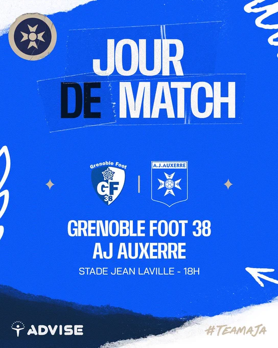 🟦 𝐉𝐎𝐔𝐑 𝐃𝐄 𝐌𝐀𝐓𝐂𝐇 ⬜️ ⚽️ @GF38_Officiel 🆚 #TeamAJA 🏟️ Stade Jean Laville, Gueugnon ⌚️ 18h #️⃣ #GF38AJA