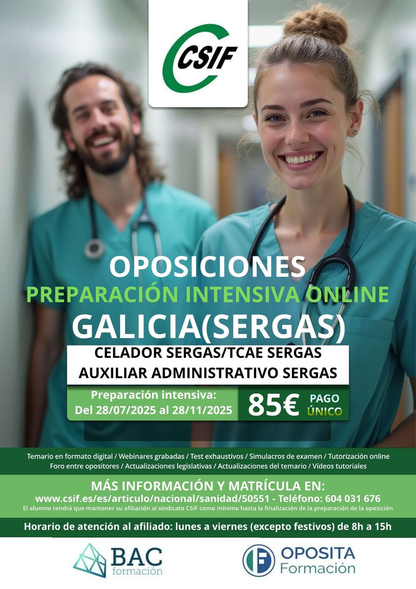 🎯 ¿Te presentas a las oposiciones del SERGAS?

🧠 ¡CELADOR, TCAE o AUXILIAR ADMINISTRATIVO con CSIF por solo 85€!

📅 Curso intensivo online del 28 de julio al 28 de noviembre de 2025

🔗 Infórmate:
csif.es/es/articulo/na…

📢 ¡Asegura tu plaza!