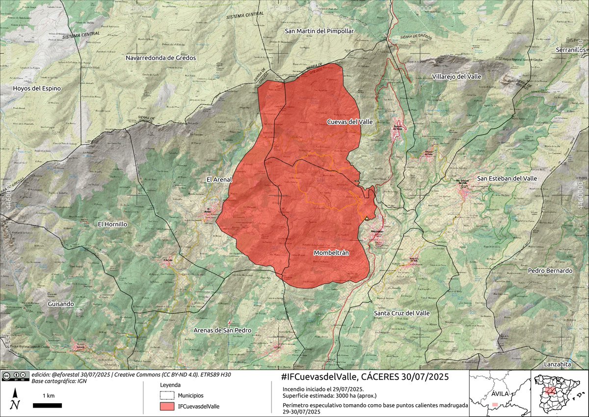 🔥#IFCuevasDelValle, Ávila.
Perímetro especulativo tomando como base puntos calientes de esta madrugada.
Habrían sido afectadas unas 3000 ha, por lo que sería el 14º GIF 2025 en 🇪🇸España.

ℹ️ Evolución: edu.forestry.es/p/gif2025.html…