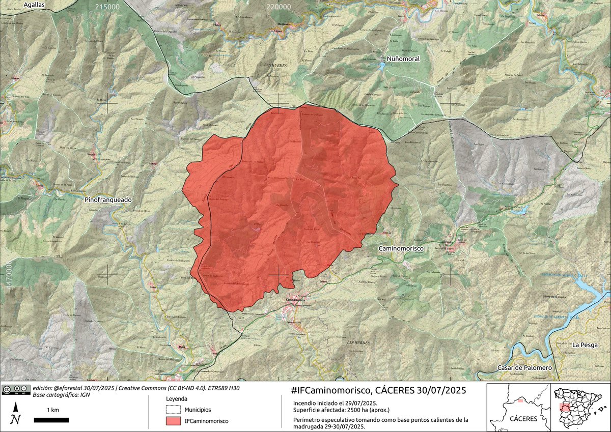 🔥#IFCaminomorisco, Cáceres.

Perímetro especulativo tomando como base puntos calientes de esta madrugada.
Habrían sido afectadas unas 2500 ha, por lo que sería el 15º GIF 2025 en 🇪🇸España.
ℹ️ Evolución: edu.forestry.es/p/gif2025.html…