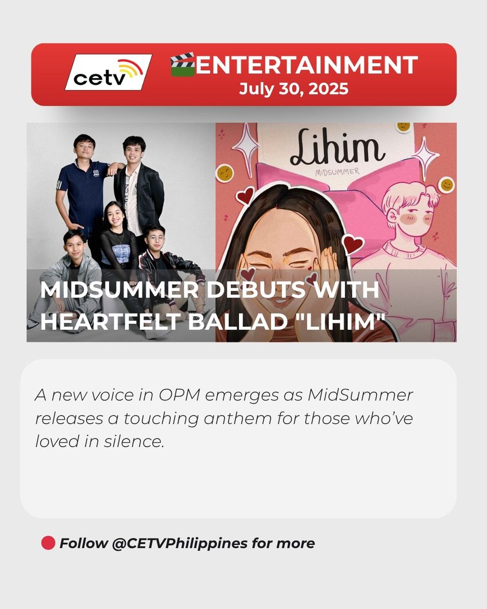 Ever loved someone but kept it a secret? 😶 Lihim by MidSummer captures that exact feeling in a soul-stirring debut under KDR Music House.
🎧 Out now on digital platforms!

📲 Read more on CETV Philippines’ Facebook page.

#SeeItOnCETV #MaSEEyaMagingIba #KDRMusicHouse #MidSummer