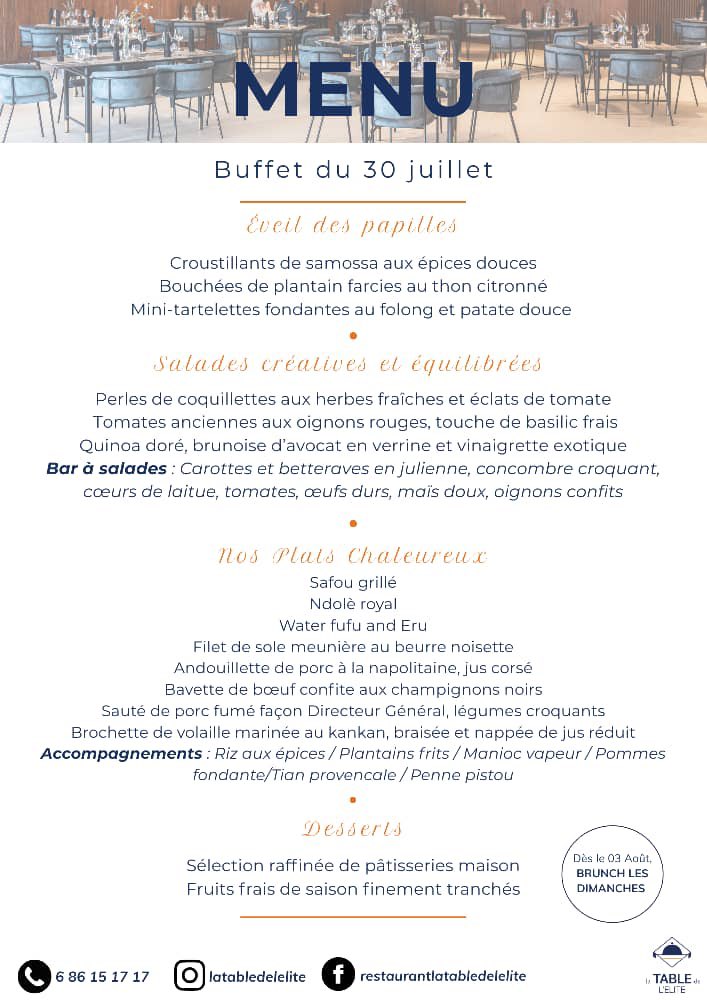 latabledelelite's tweet photo. Bonjour à toutes et à tous,
N’oubliez pas notre buffet signature, un rendez-vous incontournable à La Table de l’Élite.
Saveurs raffinées, ambiance élégante… L’excellence vous attend. 🍽✨
#LaTableDeLElite #BuffetGastronomique #Douala https://t.co/Iym207cD47