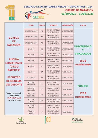 SAFYDE-UEx (@safydeuex) on Twitter photo CURSOS DE NATACIÓN 2025-2026: OPCIONES PARA TODAS LAS EDADES
UNIVERSIDAD DE EXTREMADURA-CAMPUS CÁCERES
ENLACE: bit.ly/natación-safyd…
<a href="/infouex/">UEx</a> <a href="/ExtensionUex/">Extensión Universitaria UEx</a> <a href="/SocialUex/">Consejo Social UEX</a> <a href="/jovendeportEXT/">Jóvenes y Deportes Extremadura</a> <a href="/Ivan_H_Bermejo/">Iván Herrero Bermejo</a> <a href="/FJyD/">Fundación Jóvenes y Deporte 🅵🅹🆈🅳 💚🤍🖤</a> <a href="/fcd_uex/">F CC Deporte - UEx</a> <a href="/CEUEX_/">Consejo Estudiantes UEx</a> <a href="/UExDivulga/">Cultura Científica UEx</a> <a href="/RRII_UEx/">UEx International</a> <a href="/EPCC_Unex/">Escuela Politécnica CC</a> <a href="/FUEx_fundacion/">FUEx (Fundación Universidad-Sociedad de la UEx)</a> CURSOS DE NATACIÓN 2025-2026: OPCIONES PARA TODAS LAS EDADES
UNIVERSIDAD DE EXTREMADURA-CAMPUS CÁCERES
ENLACE: bit.ly/natación-safyd…
<a href="/infouex/">UEx</a> <a href="/ExtensionUex/">Extensión Universitaria UEx</a> <a href="/SocialUex/">Consejo Social UEX</a> <a href="/jovendeportEXT/">Jóvenes y Deportes Extremadura</a> <a href="/Ivan_H_Bermejo/">Iván Herrero Bermejo</a> <a href="/FJyD/">Fundación Jóvenes y Deporte 🅵🅹🆈🅳 💚🤍🖤</a> <a href="/fcd_uex/">F CC Deporte - UEx</a> <a href="/CEUEX_/">Consejo Estudiantes UEx</a> <a href="/UExDivulga/">Cultura Científica UEx</a> <a href="/RRII_UEx/">UEx International</a> <a href="/EPCC_Unex/">Escuela Politécnica CC</a> <a href="/FUEx_fundacion/">FUEx (Fundación Universidad-Sociedad de la UEx)</a>