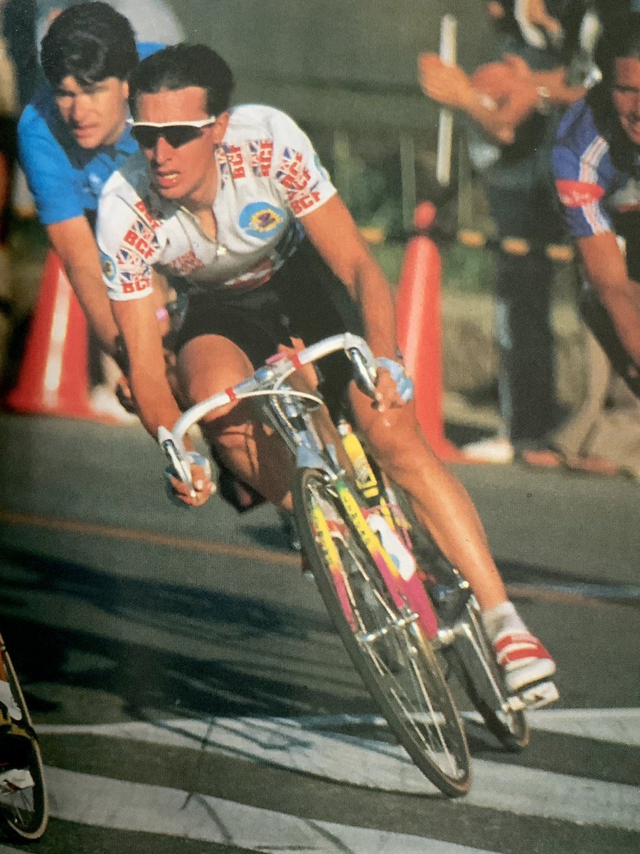 Robert Millar and Gianni Bugno at the 1990 world professional road race championship in Japan, the title going to Rudy Dhaenens from Dirk De Wolf and Bugno taking bronze.
📷 John Pratt