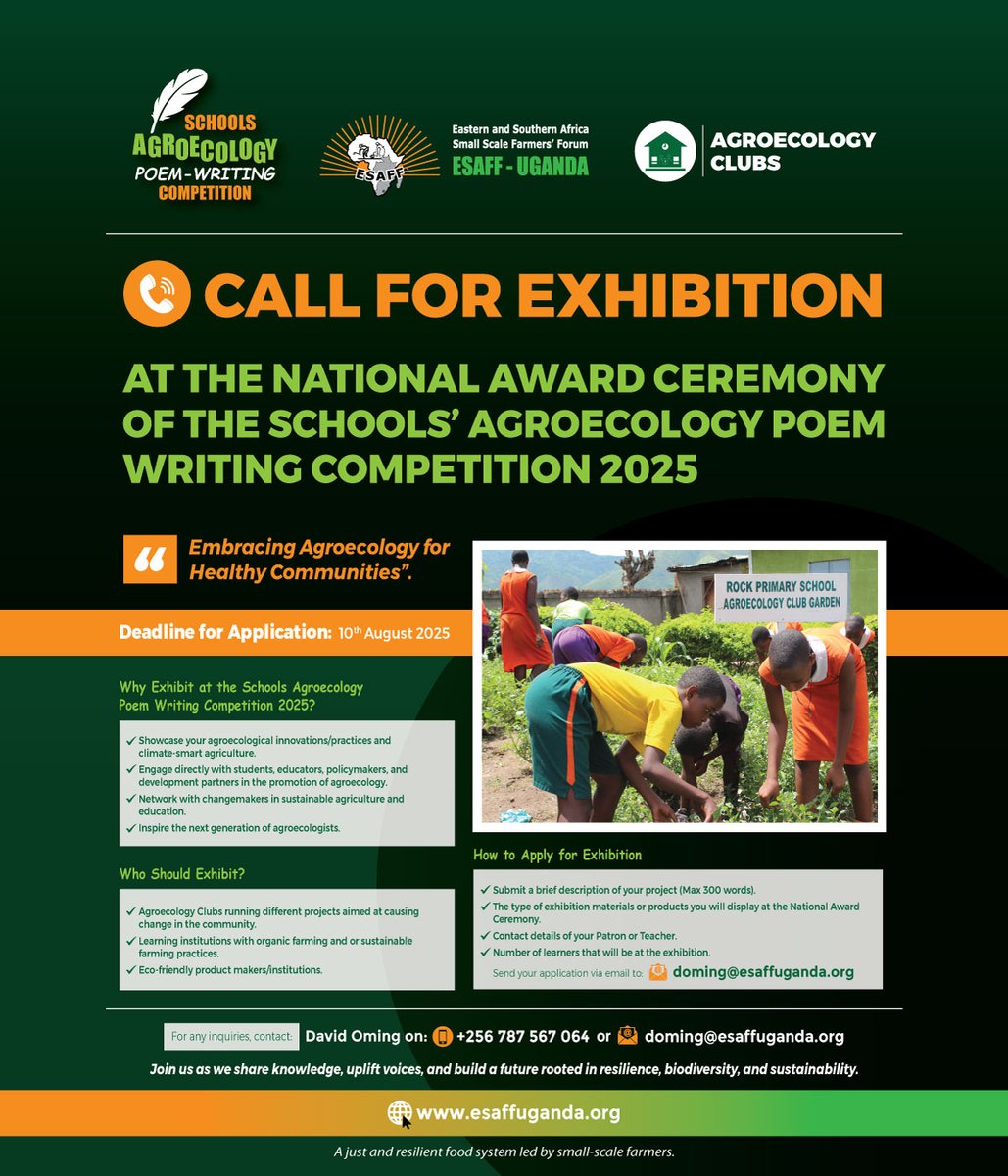 We are pleased to invite members of the Agroecology Clubs and other learning institutions from primary and secondary schools to exhibit during the National Level Competition and Award Ceremony of the National Schools Agroecology Poem Writing Competition 2025.

Come and showcase