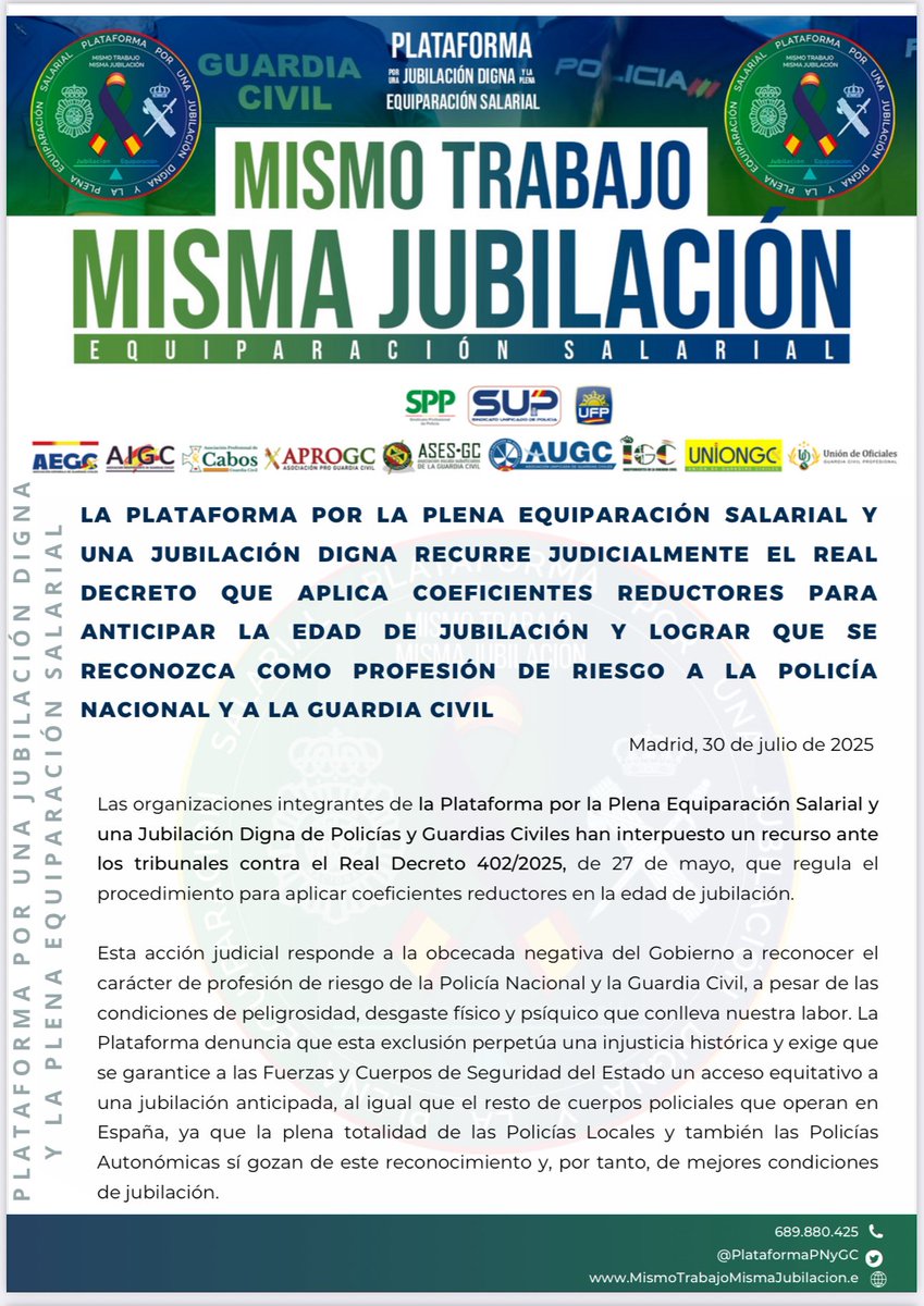 apcabos's tweet photo. 🚨ATENCION🚨
@apcabos informa:
La @PlataformaPNyGC recurre el RD 402/2025 por discriminar a @policia y @guardiacivil. 
Exigimos profesión de riesgo y jubilación digna ¡como el resto de policías de España! 
Mismo trabajo, mismos derechos.
https://t.co/HNZ9SII28E https://t.co/huSU1iBRyL