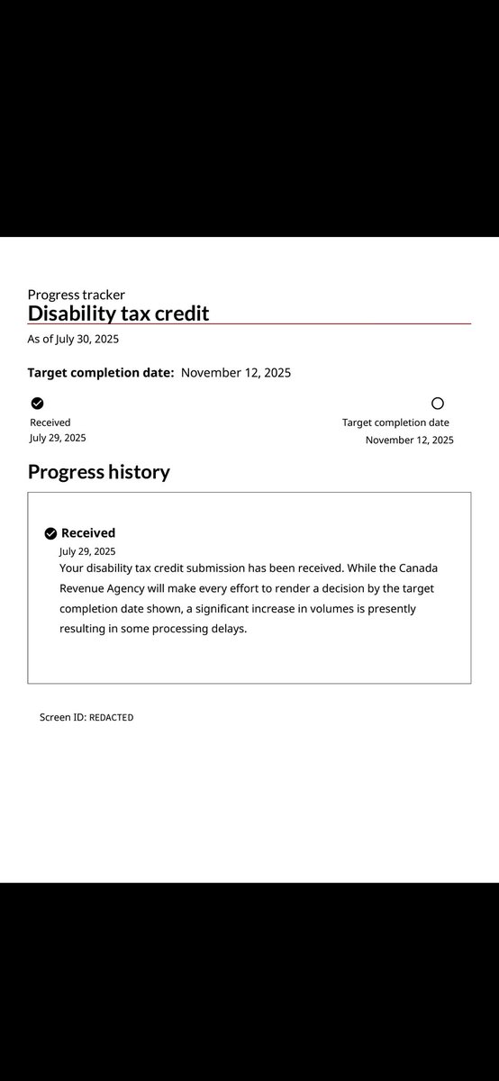 I applied for the #DTC. CRA received it on July 29, 2025.
Estimated completion? Nov 12.
💔 That’s 100+ days.
For someone with a disability, that’s a lifetime.
It’s not just paperwork- it’s food, rent, and survival.

We need dignity!
We need better!
#DisabilityRights #CDB #ODSP