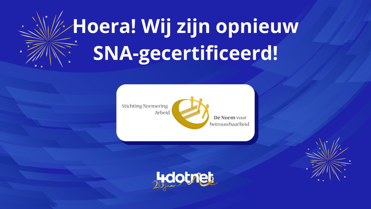 Goed nieuws: Wij zijn opnieuw SNA-gecertificeerd!
Onze administratie voldoet volledig aan de norm NEN 4400-1:2023 en het Handboek Normen SNA 25.01.
Een mooie bevestiging dat we zorgvuldig omgaan met arbeids- en betalingsverplichtingen. Daar zijn we trots op!