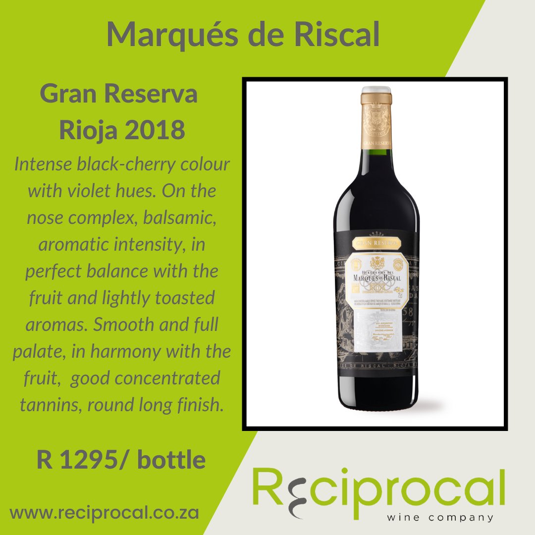 WINE WEDNESDAY

Our featured wine this week is the Gran Reserva Rioja 2018 from Marqués de Riscal.

View the wine on our website -- > reciprocal.co.za/products/gran-…

#reciprocalwines #itsreciprocal #winewednesday #marquesderiscal #winesofspain