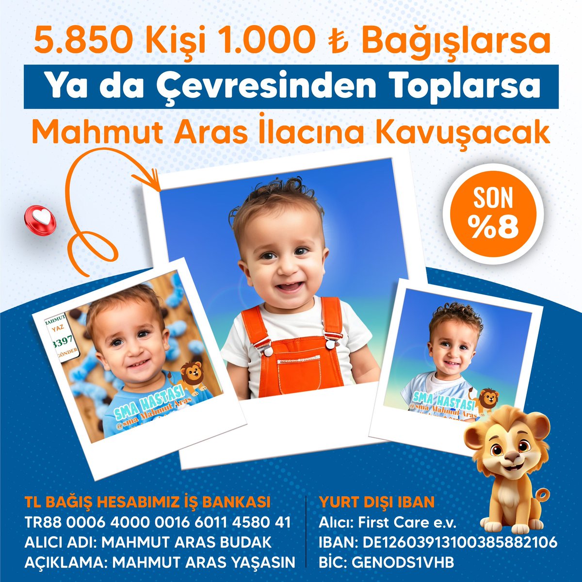 5.850 KİŞİ 1000 TL VERİRSE YAVRUMUZ TEDAVİYE KAVUŞUP YAŞAYABİLECEK.

ONUN KAHRAMANI OLUR MUSUNUZ?