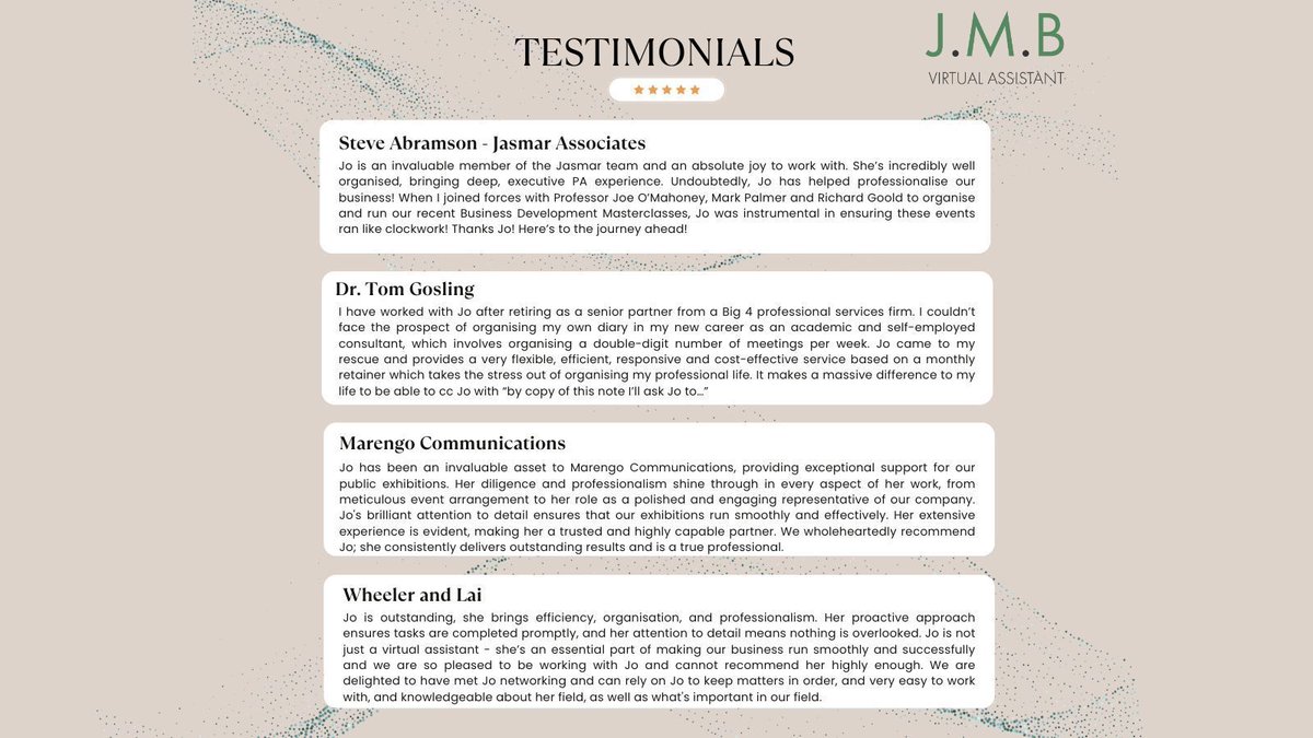 JMBVirtualPA's tweet image. 7 years ago I set up JMB VA, fast forward to today, &amp;amp; I’ve had the joy of working with some amazing clients supporting everything from jam-packed inboxes to public exhibitions to diary wrangling at a Big 4-level pace. Massive thank you to them all #virtualassistant #anniversary