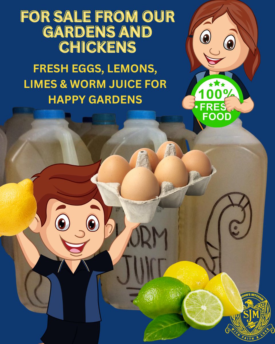 FRESH PRODUCE FOR SALE AT ST JOHN'S MITCHAM: Fresh eggs are available for $5 per half-dozen. Also available are lemons, limes, and organic worm juice for $2 a bottle. The worm juice is a great fertiliser. All proceeds support our chickens' food and supplies. 
#stjohns #freshfood