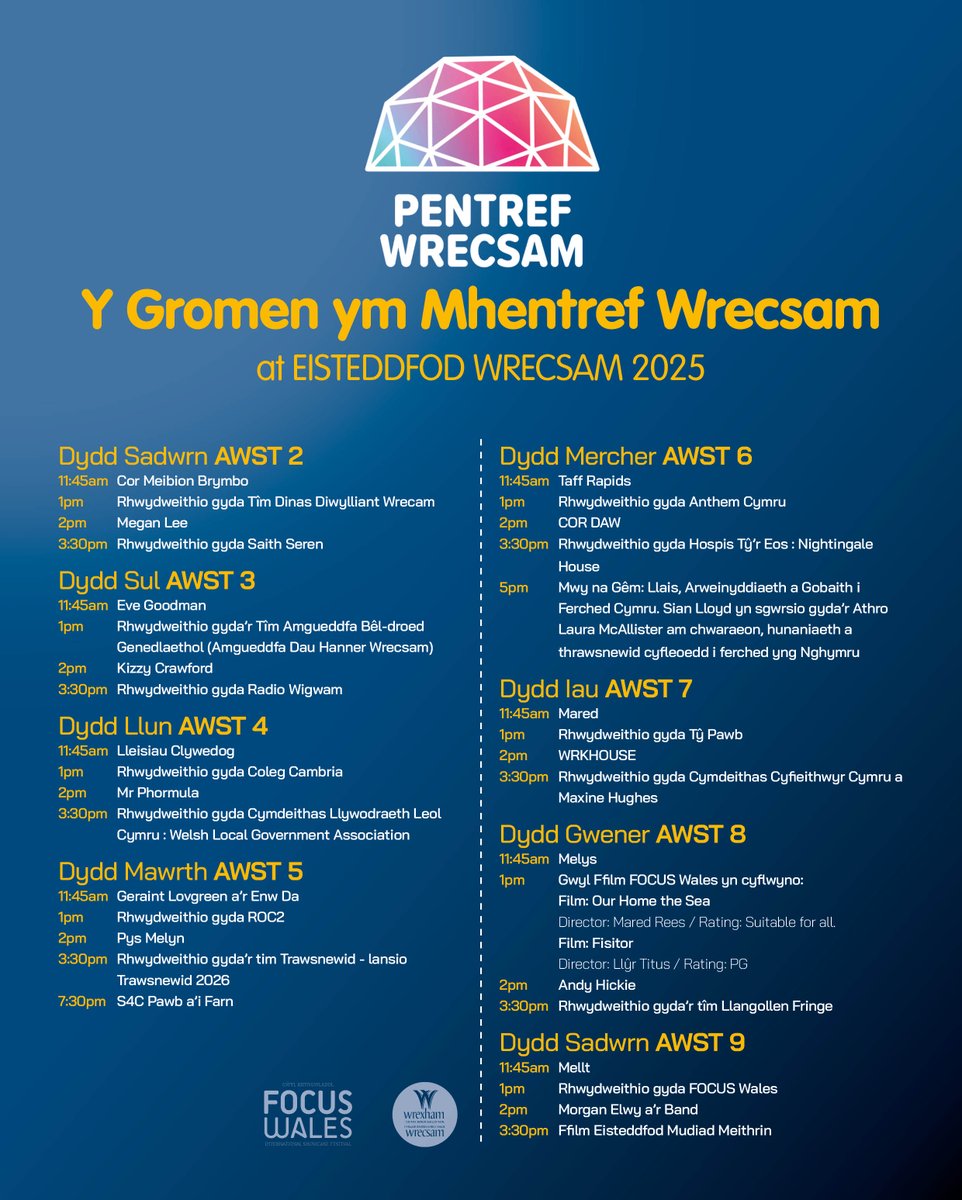 Tri diwrnod tan Eisteddfod Genedlaethol Wrecsam

Sbïwch be sy’n digwydd ym mhentref Wrecsam
orlo.uk/qW4AT
Darganfyddwch be sy’n digwydd yn y Gromen
orlo.uk/hzJC4