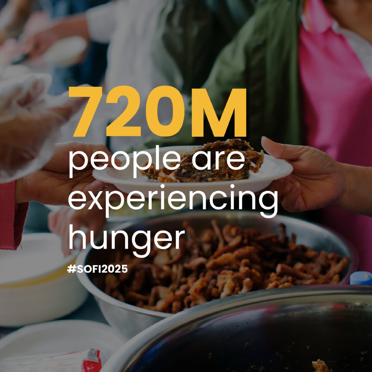 🚨 As many as 720 million people faced
hunger in 2024.

With less than 5 years to meet #SDG2, the
latest #UN report is a wake-up call:
🌍 We need bold, united action—now—to
end hunger and build resilient food systems.
There’s no time to waste. #SOFI2025
#HungryforAction