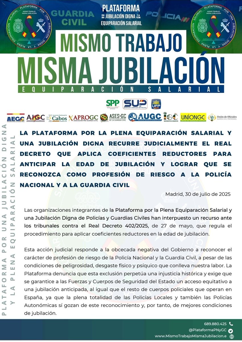 AEGCnacional's tweet photo. La Plataforma por la PLENA EQUIPARACIÓN SALARIAL y una JUBILACIÓN DIGNA @PlataformaPNyGC recurre judicialmente el Real Decreto  que aplica índices correctores para anticipar la edad de jubilación y lograr que se reconozca como PROFESIÓN DE RIESGO a los policías nacionales y los guardias civiles.

⚔️🇦 🇪 🇬 🇨 🇪🇸