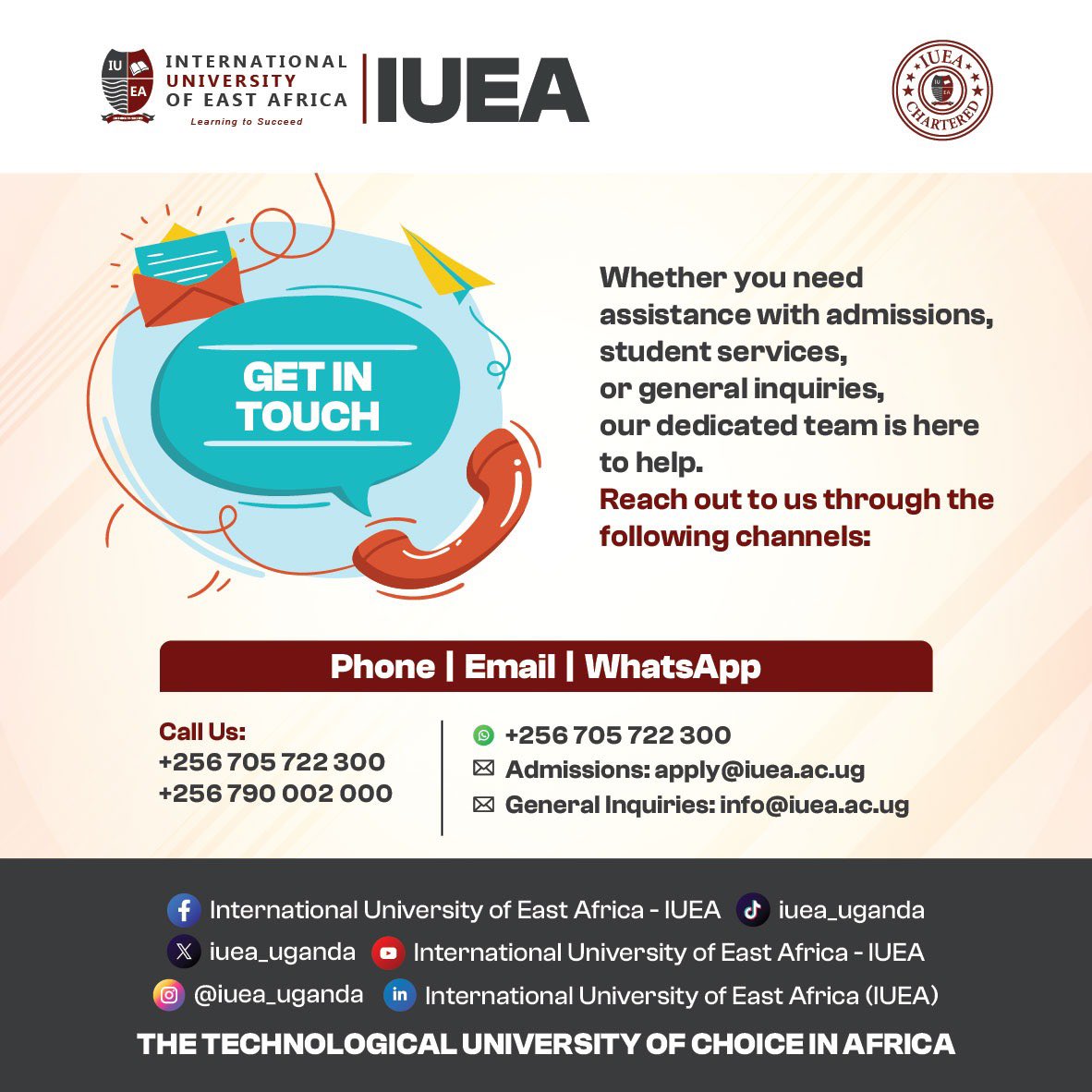 MrHashtag🇺🇬 𝕏 (@paulwebs1) on Twitter photo Need help with admissions? IUEA team is ready to guide you every step of the way — whether you're applying, following up or simply curious about offers.
✅ Call: +256 705 722 300 / +256 790 002 000
✅ WhatsApp: +256 705 722 300
✅ Email: apply@iuea.ac.ug / info@iuea.ac.ug Need help with admissions? IUEA team is ready to guide you every step of the way — whether you're applying, following up or simply curious about offers.
✅ Call: +256 705 722 300 / +256 790 002 000
✅ WhatsApp: +256 705 722 300
✅ Email: apply@iuea.ac.ug / info@iuea.ac.ug