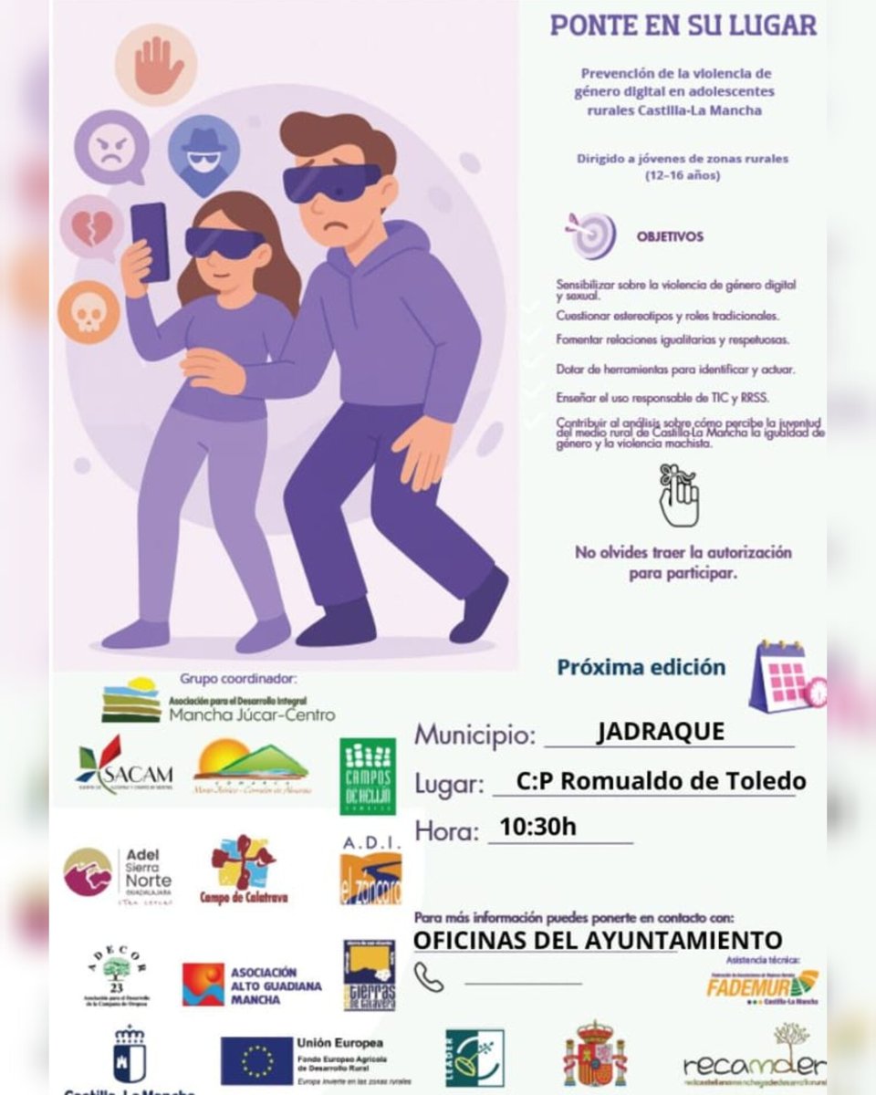 🎮 Ponte en su lugar
📍Cogolludo, 31 jul
📍Jadraque, 1 ago
Realidad virtual para jóvenes (12-16) contra la violencia digital
✍️Con autorización
Organiza @ADEL_SierraNorte
#VR #ViolenciaDeGénero #JuventudRural