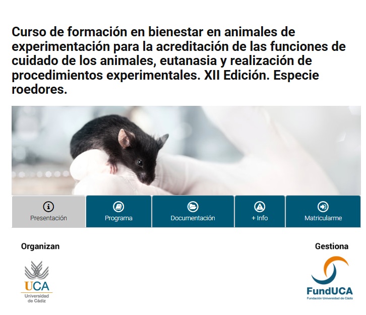 Esther Berrocoso Lab (@berrocoso_lab) on Twitter photo Ya está abierta la matrícula para la XII Edición del Curso en bienestar en animales de experimentación (roedores) para la acreditación de las funciones A+B+C
🔗 Más info e inscripción en <a href="/Fundacion_UCA/">Fundación Universidad de Cádiz</a> funduca.short.gy/Roedores
<a href="/univcadiz/">Universidad de Cádiz</a> <a href="/INiBICA_IIS/">INiBICA</a> #CIBERSAM <a href="/M_SaludMental/">Máster Salud Mental CIBERSAM</a> Ya está abierta la matrícula para la XII Edición del Curso en bienestar en animales de experimentación (roedores) para la acreditación de las funciones A+B+C
🔗 Más info e inscripción en <a href="/Fundacion_UCA/">Fundación Universidad de Cádiz</a> funduca.short.gy/Roedores
<a href="/univcadiz/">Universidad de Cádiz</a> <a href="/INiBICA_IIS/">INiBICA</a> #CIBERSAM <a href="/M_SaludMental/">Máster Salud Mental CIBERSAM</a>