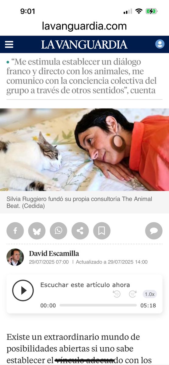 LA VANGUARDIA 

Este martes (29 julio)
publico en <a href="/LaVanguardia/">La Vanguardia</a>
la entrevista con Silvia Ruggiero

“Los animales hacen de espejo
de lo que nos pasa a las personas”

<a href="/Escamilla_David/">David Escamilla Imparato</a> 
 
lavanguardia.com/mascotas/cuida…