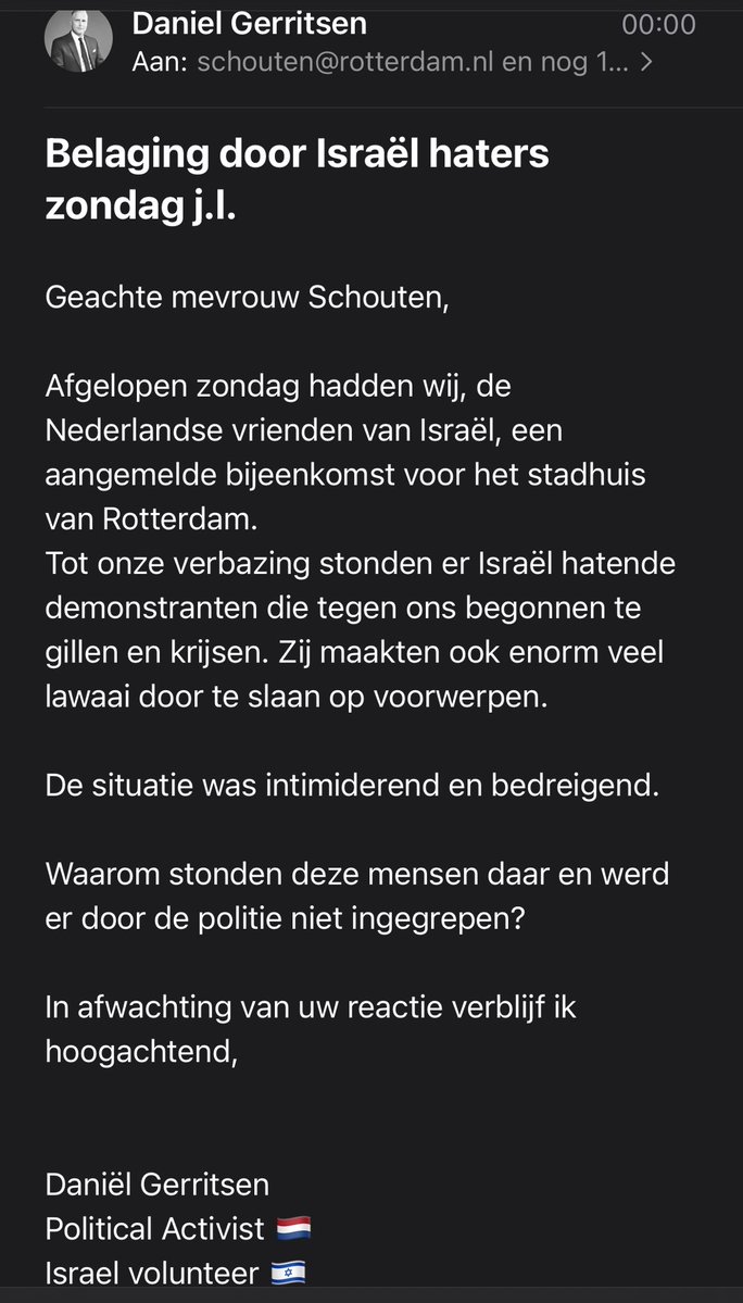 Team Gerritsen 🇳🇱🎗🇮🇱 (@teamgerritsen) on Twitter photo Geachte mevrouw <a href="/carolaschouten/">Carola Schouten</a>
Afgelopen zondag hadden wij, de Nederlandse vrienden van #Israël, een aangemelde bijeenkomst voor het stadhuis van Rotterdam.
Tot onze verbazing stonden er Israël hatende demonstranten die tegen ons begonnen te gillen en krijsen. Zij maakten ook Geachte mevrouw <a href="/carolaschouten/">Carola Schouten</a>
Afgelopen zondag hadden wij, de Nederlandse vrienden van #Israël, een aangemelde bijeenkomst voor het stadhuis van Rotterdam.
Tot onze verbazing stonden er Israël hatende demonstranten die tegen ons begonnen te gillen en krijsen. Zij maakten ook