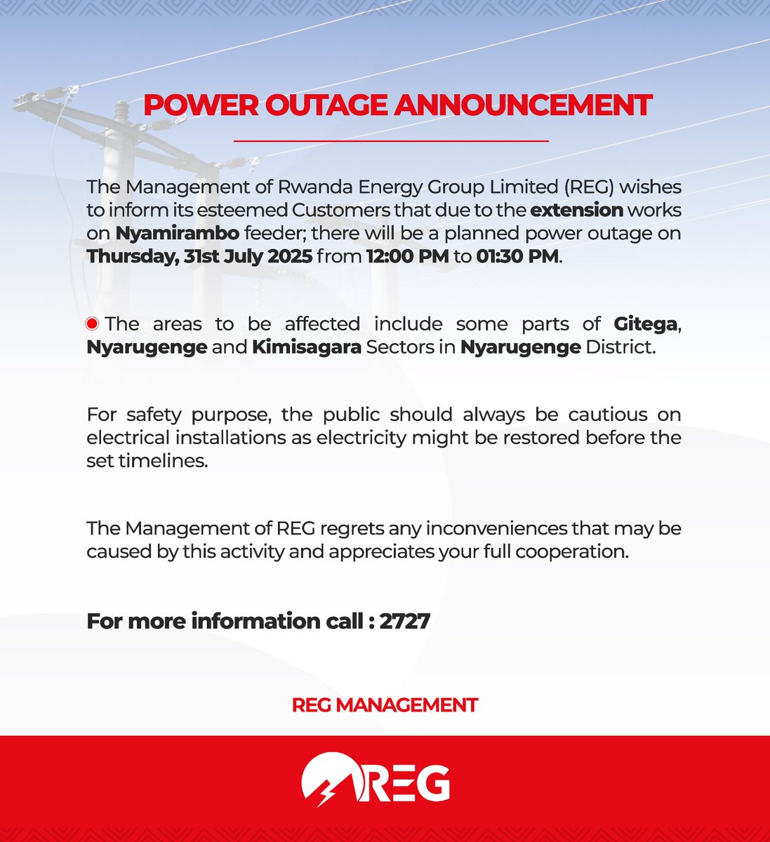 Rwanda Energy Group (@reg_rwanda) on Twitter photo 📢 Muraho neza!
REG irabamenyesha ko hari ibura ry'amashanyarazi riteganyijwe ku wa 31 Nyakanga 2025 kuva isaa sita z'amanywa (12h00) kugeza isaa saba n'igice (13h30) mu mirenge imwe n'imwe y'Akarere ka <a href="/Nyarugenge/">Nyarugenge District</a> mu Mujyi wa Kigali <a href="/CityofKigali/">City of Kigali</a>.
Murakoze! 📢 Muraho neza!
REG irabamenyesha ko hari ibura ry'amashanyarazi riteganyijwe ku wa 31 Nyakanga 2025 kuva isaa sita z'amanywa (12h00) kugeza isaa saba n'igice (13h30) mu mirenge imwe n'imwe y'Akarere ka <a href="/Nyarugenge/">Nyarugenge District</a> mu Mujyi wa Kigali <a href="/CityofKigali/">City of Kigali</a>.
Murakoze!
