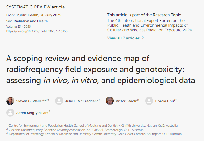 Open access.

'The collective evidence reveals that RF-EMF exposures may be genotoxic and could pose a cancer risk.'

#Radiofrequency #Radiation 

frontiersin.org/journals/publi…