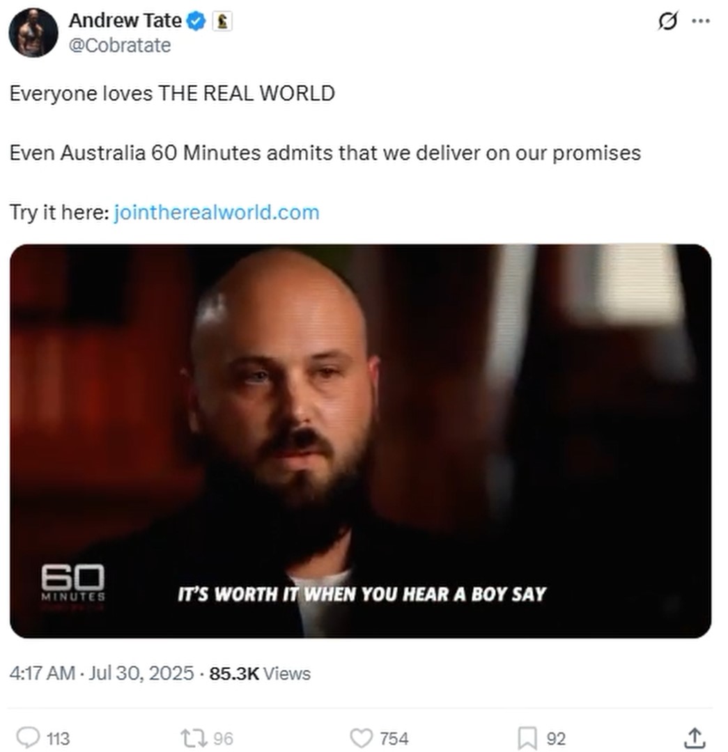 I see Andrew Tate tuned into my appearance on 60 Minutes, discussing his absurd lawsuit against me &amp; other citizen journalists for exposing him. 

Nice attempt at damage control👌