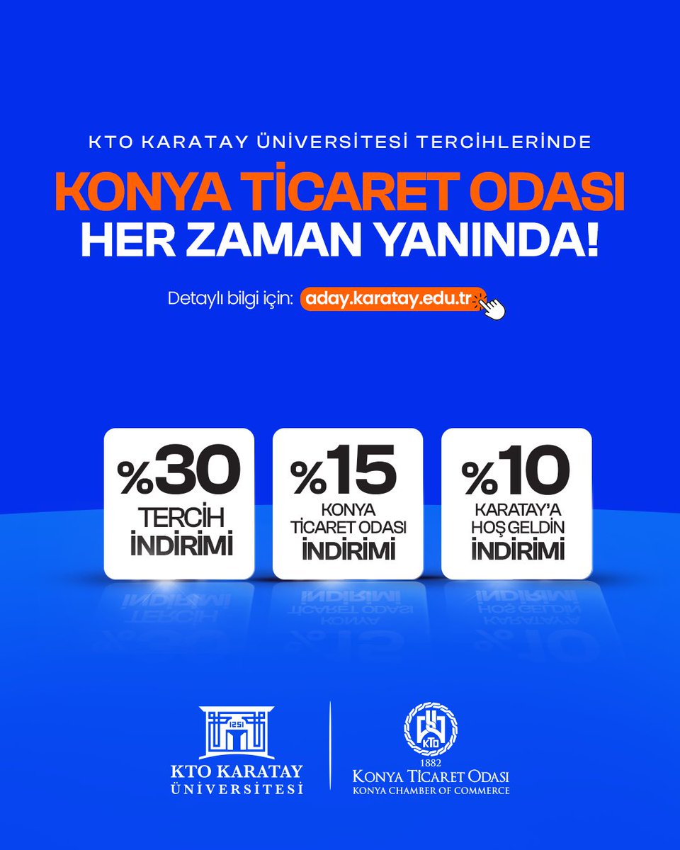 Konya Ticaret Odası, iş alemimizin üniversitesi @KTOKaratay'a güçlü desteğini sürdürüyor.

Oda Üyelerimize özel burs seçenekleriyle üniversite adaylarımızın her zaman yanındayız.

Tüm üniversite adaylarını, tercih döneminde üniversite kampüsümüze bekliyoruz.

#TercihinGeleceğin