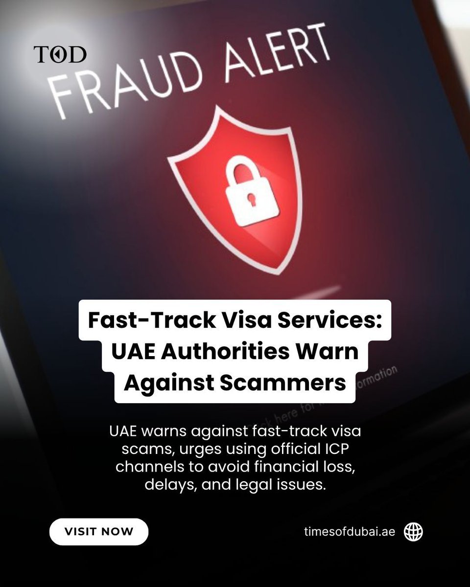 timesofdubai_'s tweet image. Beware of fast-track visa scams in the UAE! Always use official ICP channels to protect yourself from fraud, financial loss, and delays.

#UAEVisa #VisaScamAlert #FastTrackVisa #OfficialChannels #ICP #StaySafe #VisaFraud #TravelSmart #UAEAuthorities