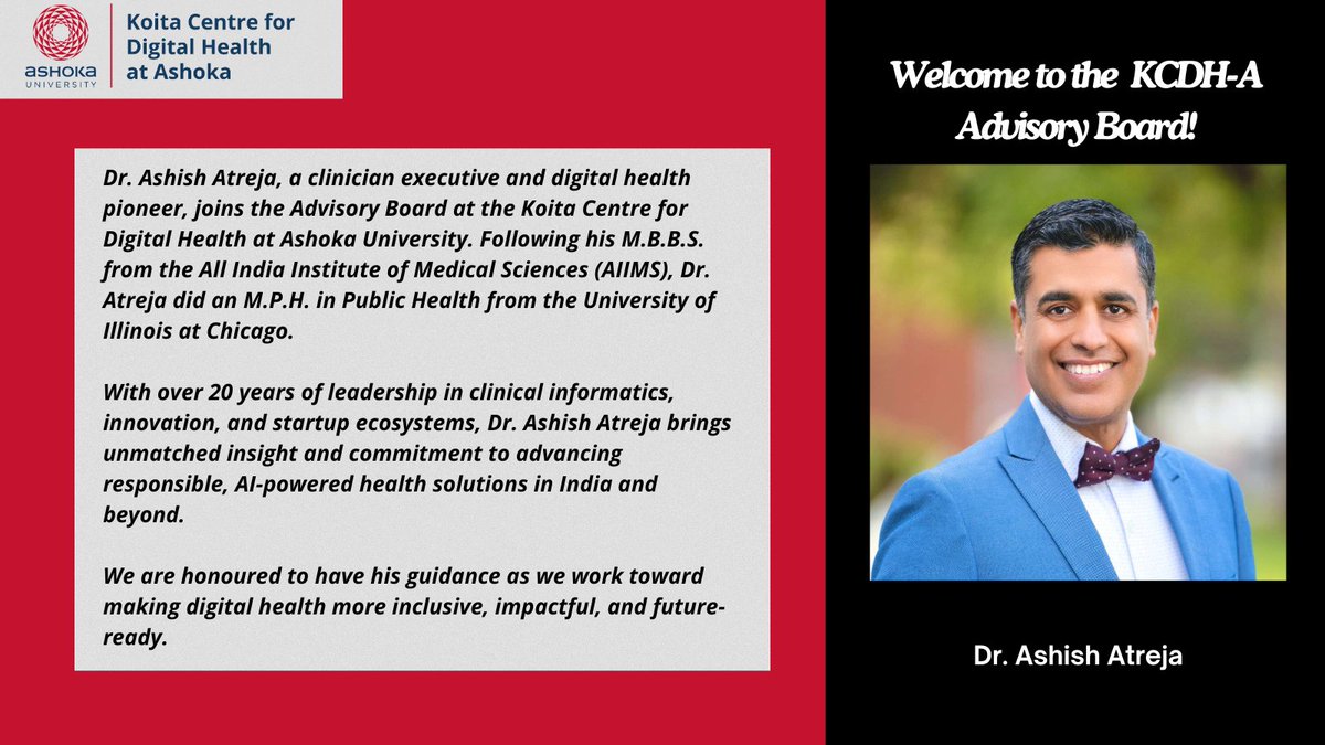 Koita Centre for Digital Health - Ashoka (KCDH-A) (@kcdh_a) on Twitter photo We are honoured to welcome Dr. Ashish <a href="/atreja/">Ashish Atreja</a> to the Advisory Board at the Koita Centre for Digital Health at <a href="/AshokaUniv/">Ashoka University</a>
Dr. Ashish Atreja is a seasoned clinician executive with over two decades of experience leading digital transformation in healthcare.
#digitalhealth We are honoured to welcome Dr. Ashish <a href="/atreja/">Ashish Atreja</a> to the Advisory Board at the Koita Centre for Digital Health at <a href="/AshokaUniv/">Ashoka University</a>
Dr. Ashish Atreja is a seasoned clinician executive with over two decades of experience leading digital transformation in healthcare.
#digitalhealth